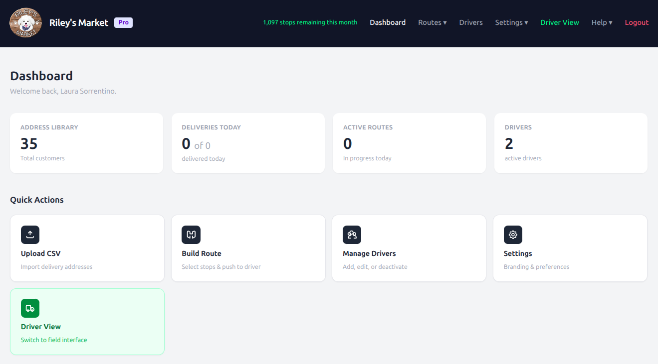 My Optimized Route dashboard showing a delivery route
